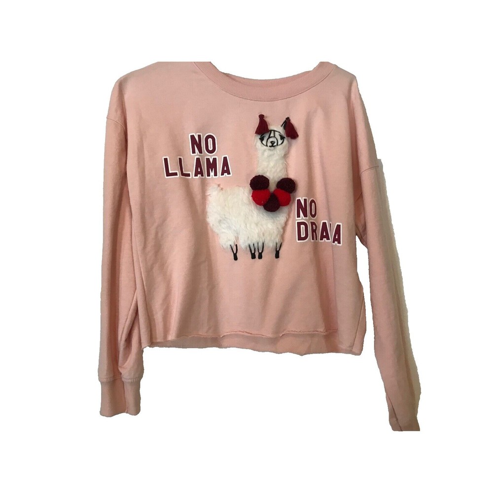 Bershka "No Llama No Drama" pompom fluffy crop pink sweatshirt size s Turkey